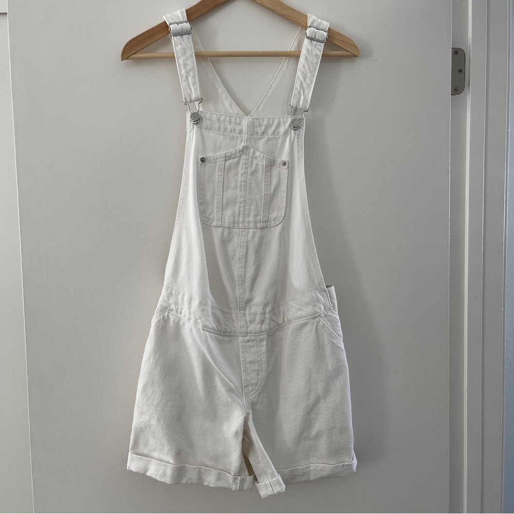 Maternity Side-Panel Slouchy Straight White Jean Short Overalls